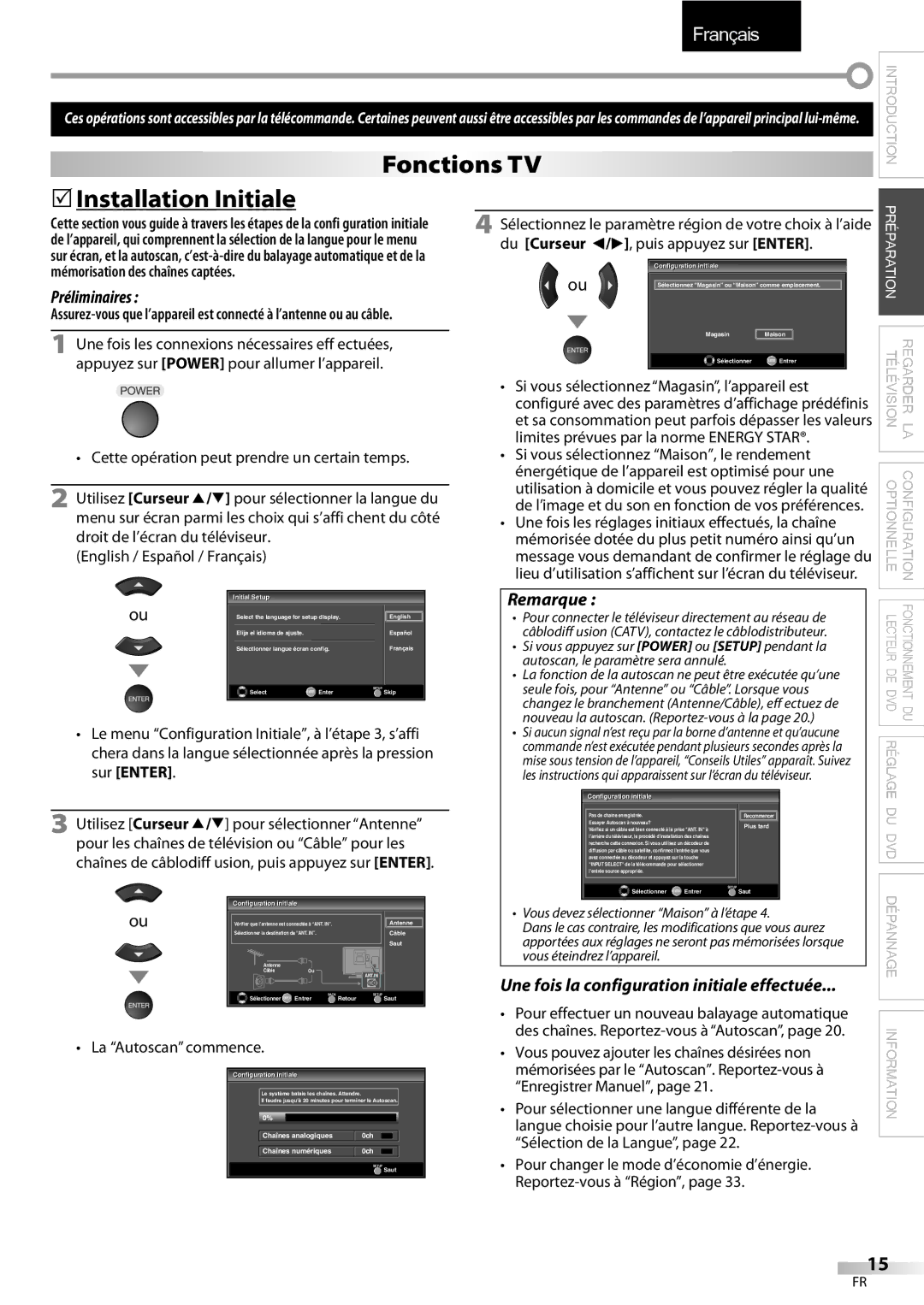 Sylvania LD195SSX Fonctions TV 5Installation Initiale, Préliminaires, Une fois la configuration initiale effectuée 