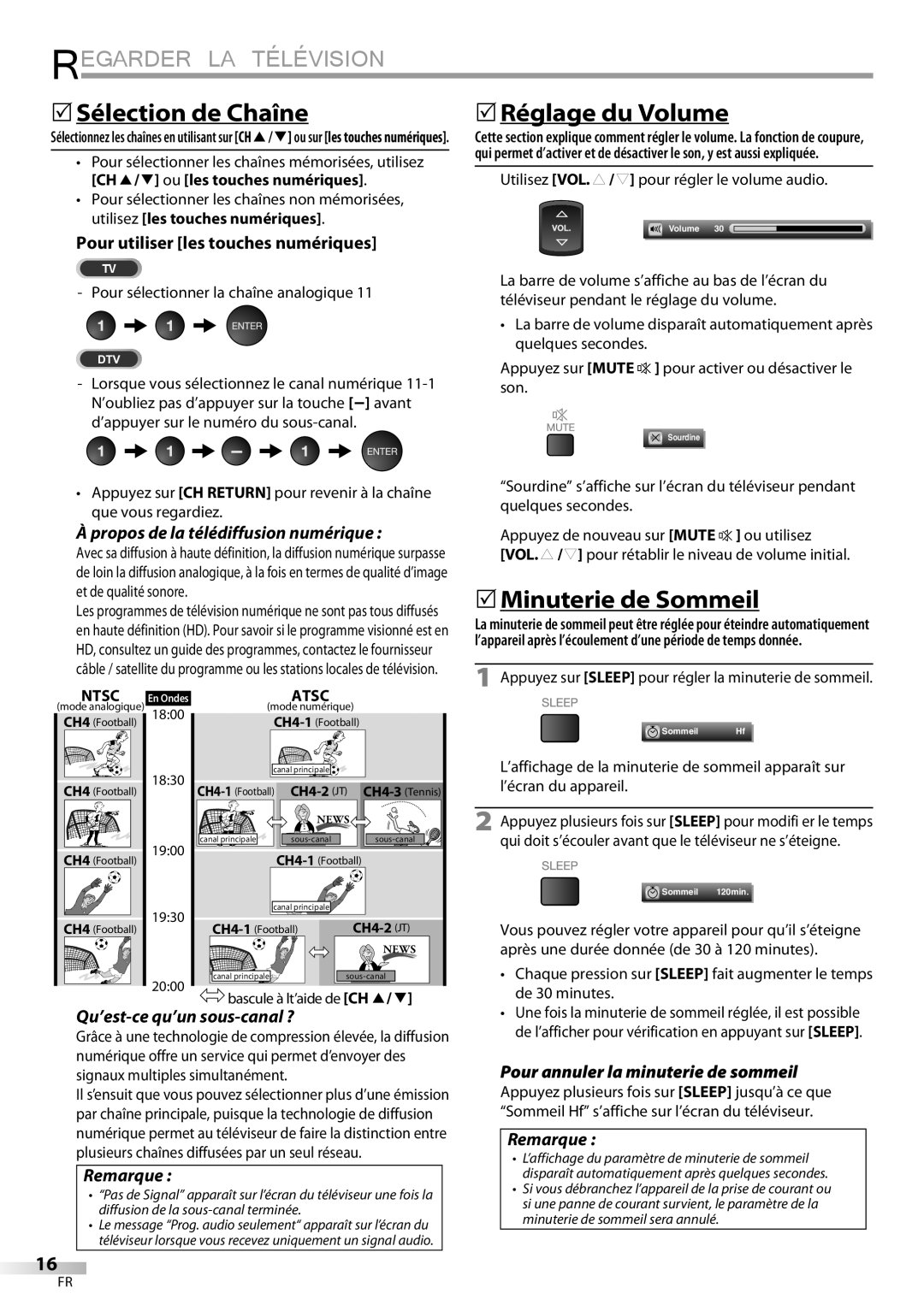 Sylvania LD195SSX owner manual Regarder LA Télévision, 5Sélection de Chaîne, 5Réglage du Volume, 5Minuterie de Sommeil 