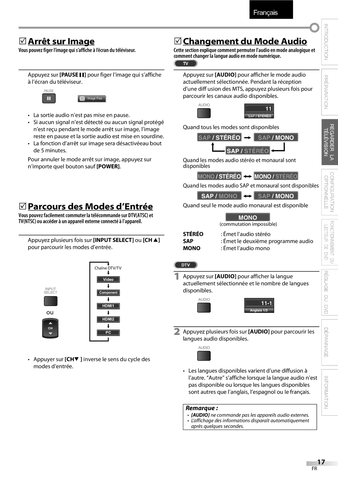 Sylvania LD195SSX owner manual 5Arrêt sur Image, 5Parcours des Modes d’Entrée, 5Changement du Mode Audio, Stéréo 