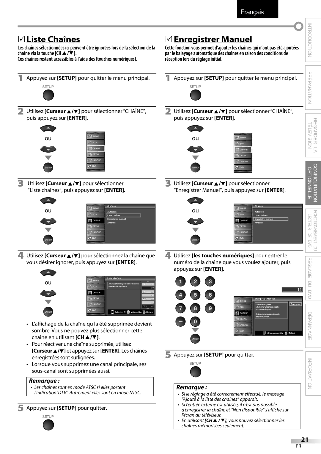 Sylvania LD195SSX owner manual 5Liste Chaînes, 5Enregistrer Manuel, Appuyez sur Enter 