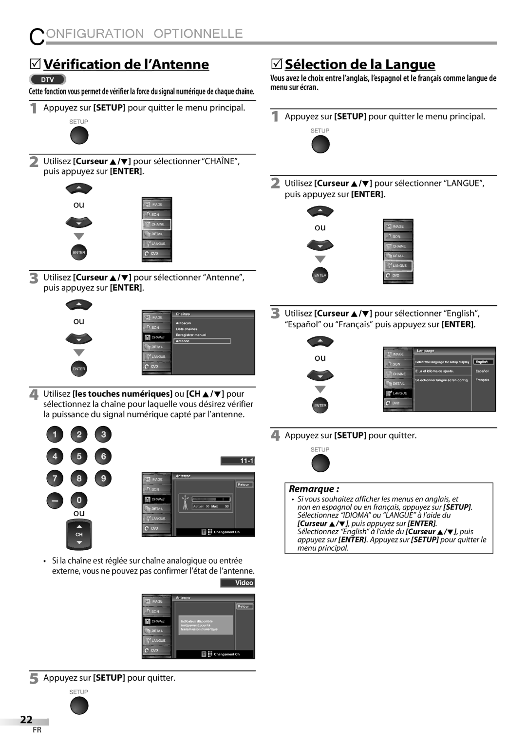 Sylvania LD195SSX 5Vérification de l’Antenne, 5Sélection de la Langue, Appuyez sur Setup pour quitter le menu principal 