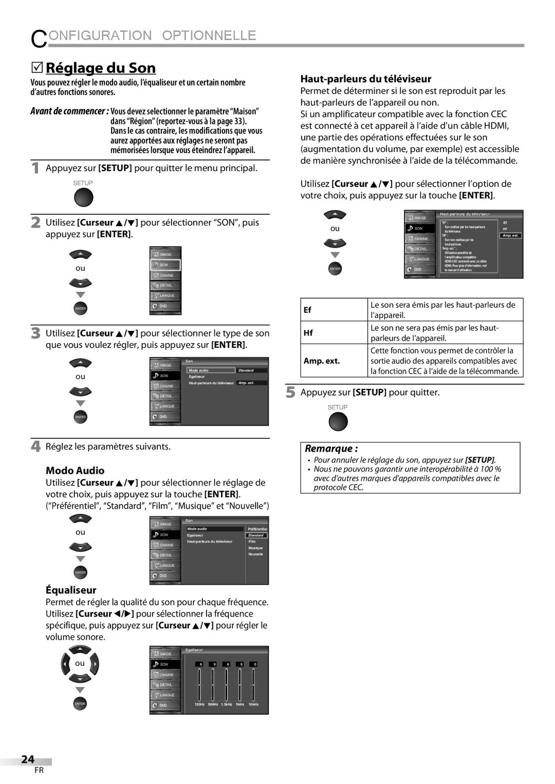 Sylvania LD195SSX owner manual 5Réglage du Son, Haut-parleurs du téléviseur, Modo Audio, Équaliseur 