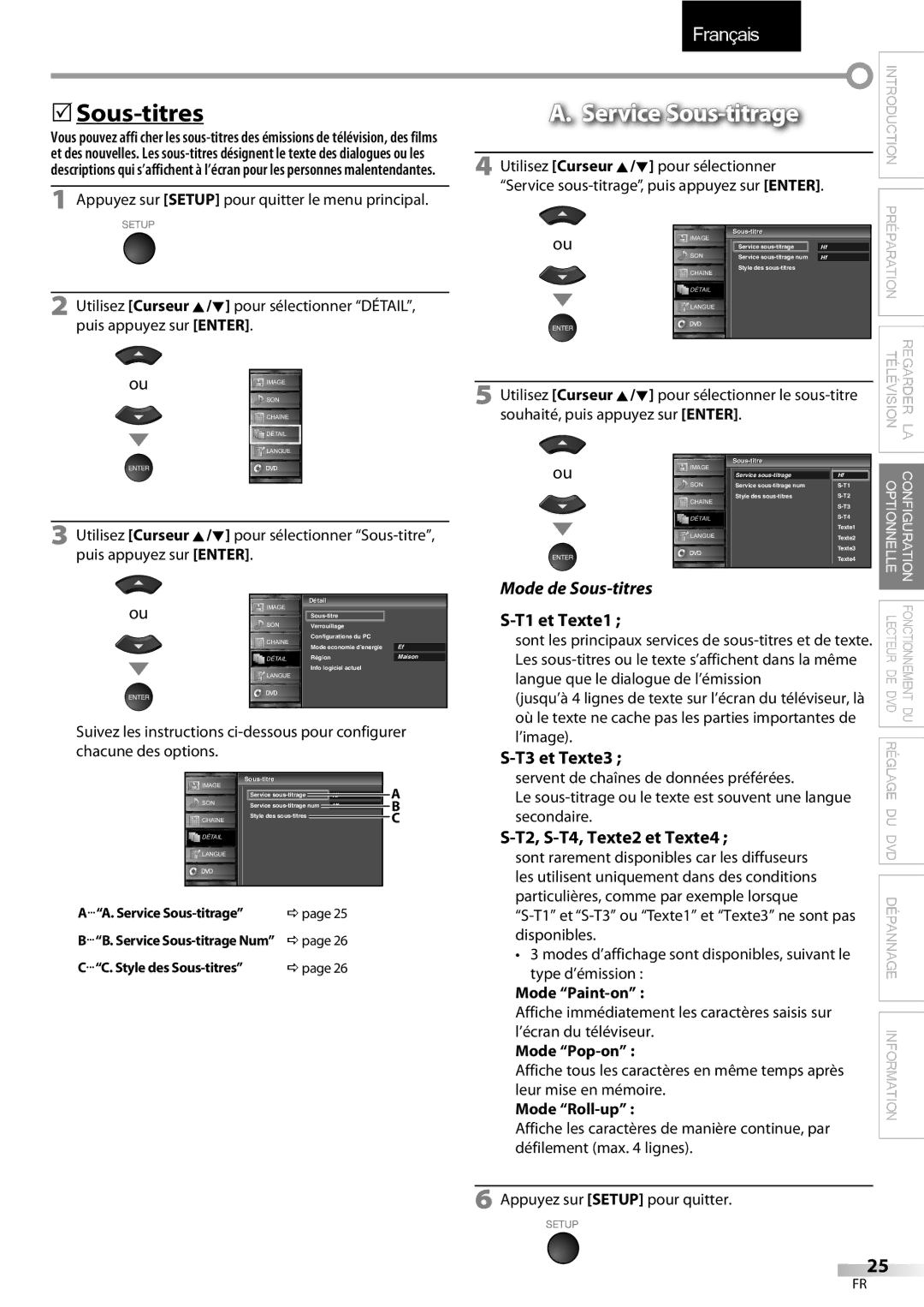 Sylvania LD195SSX owner manual Sous-titres, Service Sous-titrage, T3 et Texte3, T2, S-T4, Texte2 et Texte4 