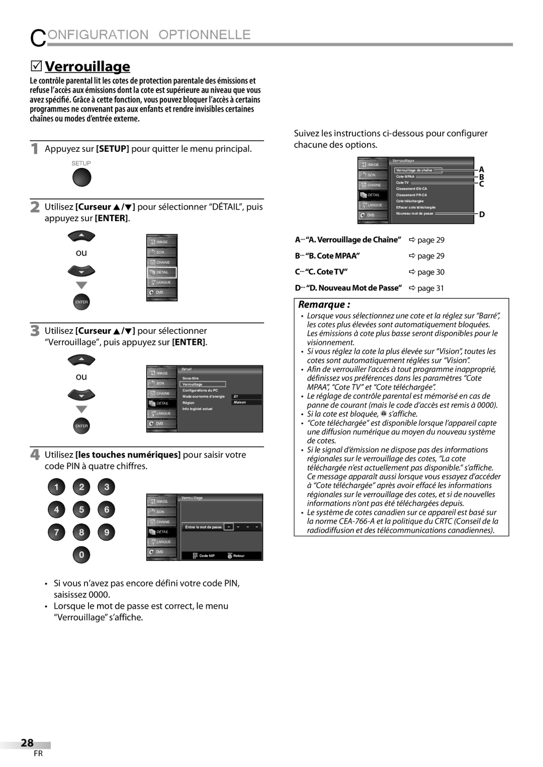 Sylvania LD195SSX owner manual Verrouillage de Chaîne Dpage Cote Mpaa, Cote TV, Nouveau Mot de Passe Dpage 