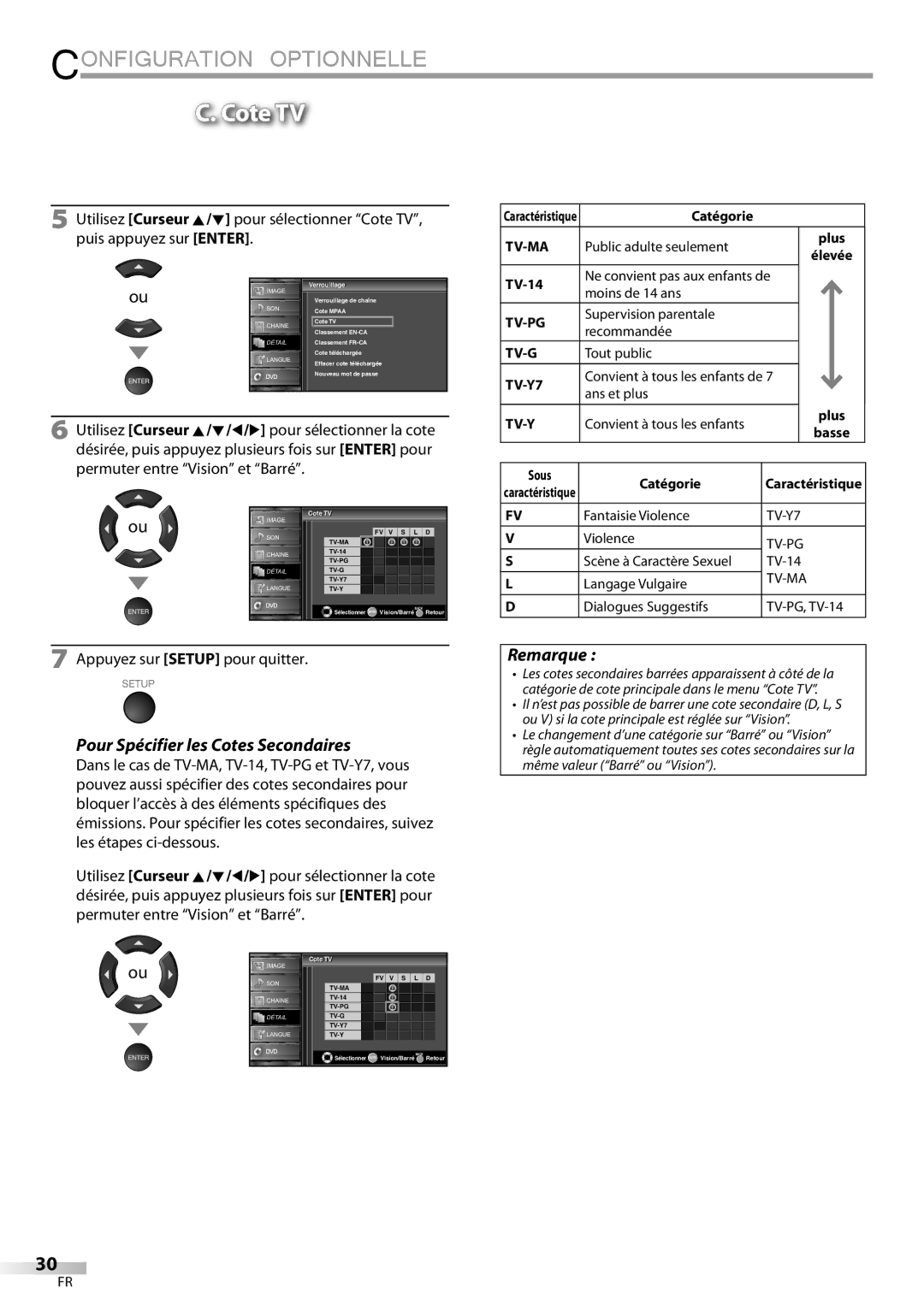 Sylvania LD195SSX owner manual Cote TV, Pour Spécifier les Cotes Secondaires, Sous Catégorie 