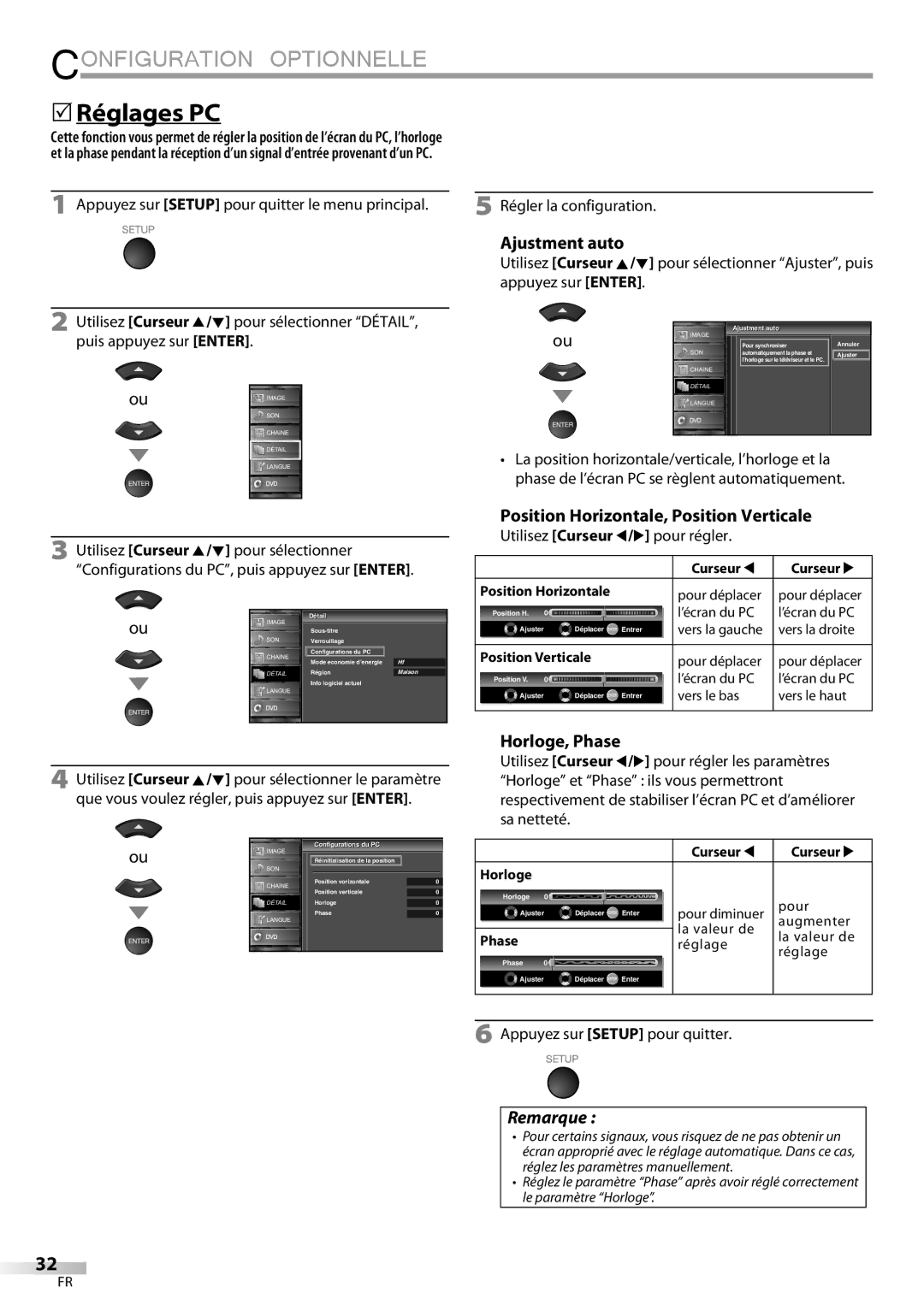 Sylvania LD195SSX owner manual 5Réglages PC, Ajustment auto, Position Horizontale, Position Verticale, Horloge, Phase 