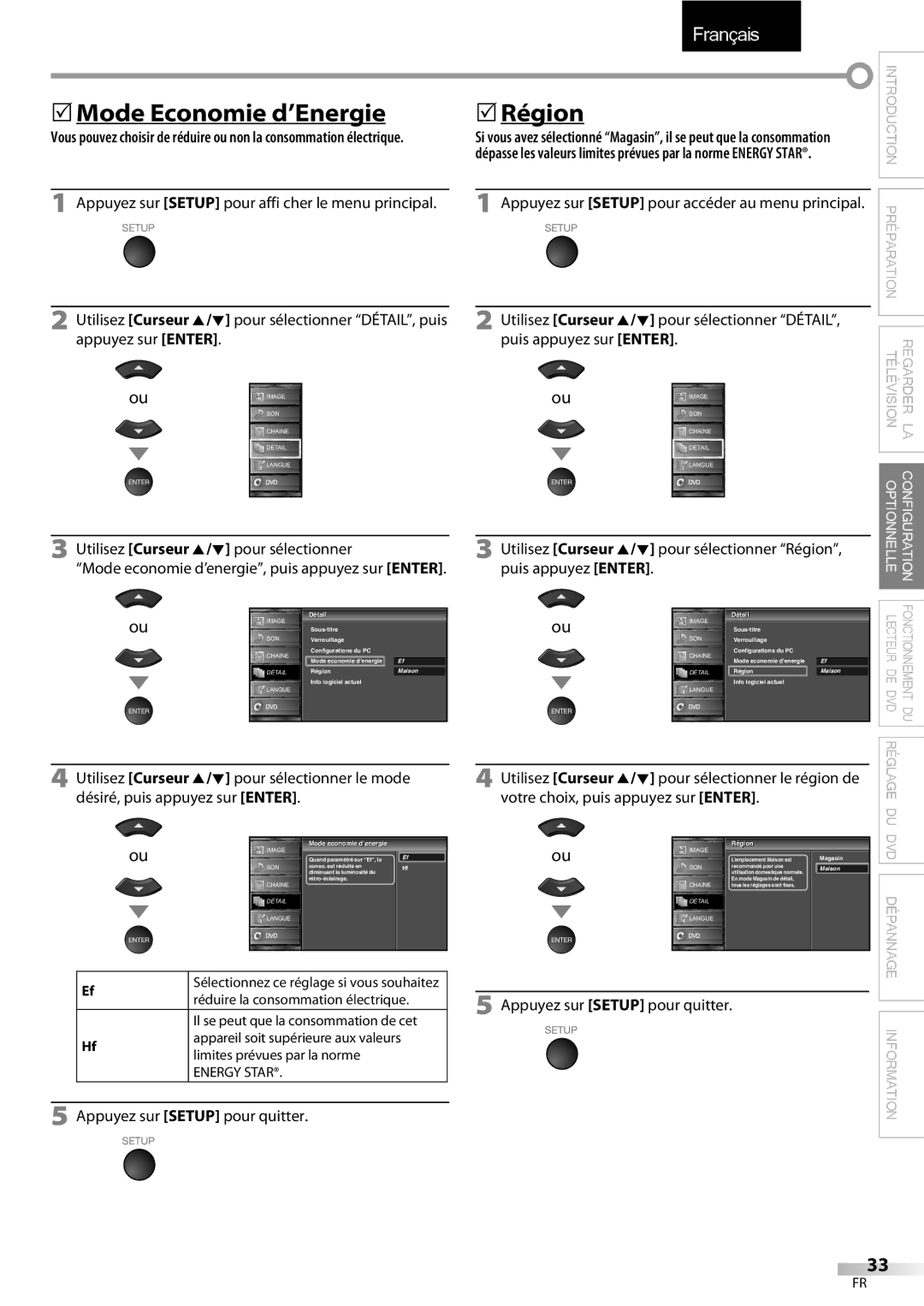 Sylvania LD195SSX 5Mode Economie d’Energie, 5Région, Pour sélectionner le région de, Votre choix, puis appuyez sur Enter 