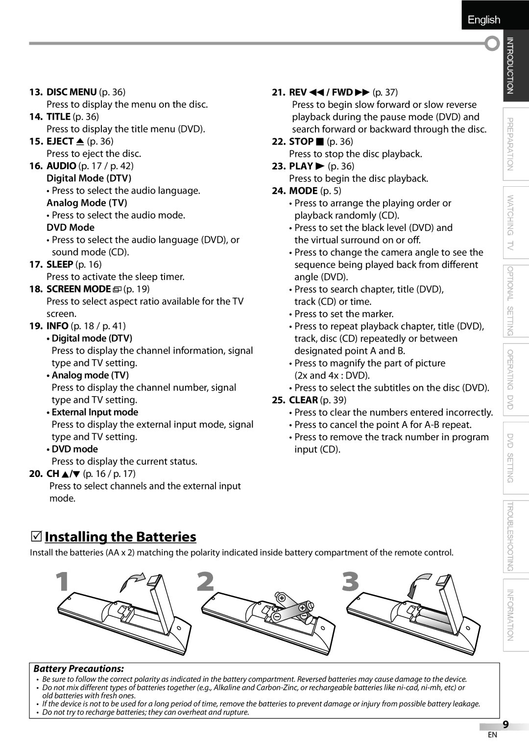 Sylvania LD195SSX owner manual 5Installing the Batteries, Battery Precautions 