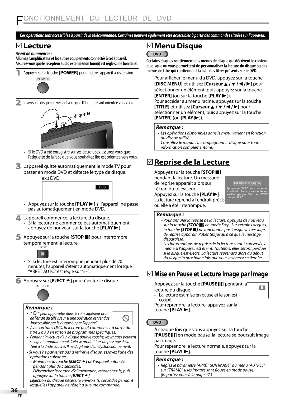 Sylvania LD195SSX owner manual 5Menu Disque, 5Reprise de la Lecture 