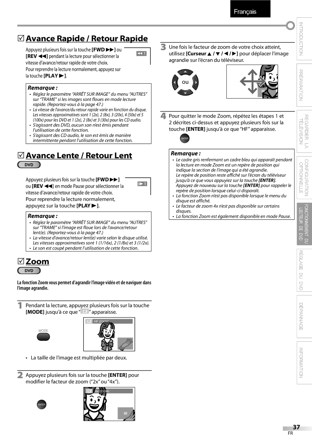 Sylvania LD195SSX 5Avance Rapide / Retour Rapide, 5Avance Lente / Retour Lent, Touche Enter jusqu’à ce que HF apparaisse 