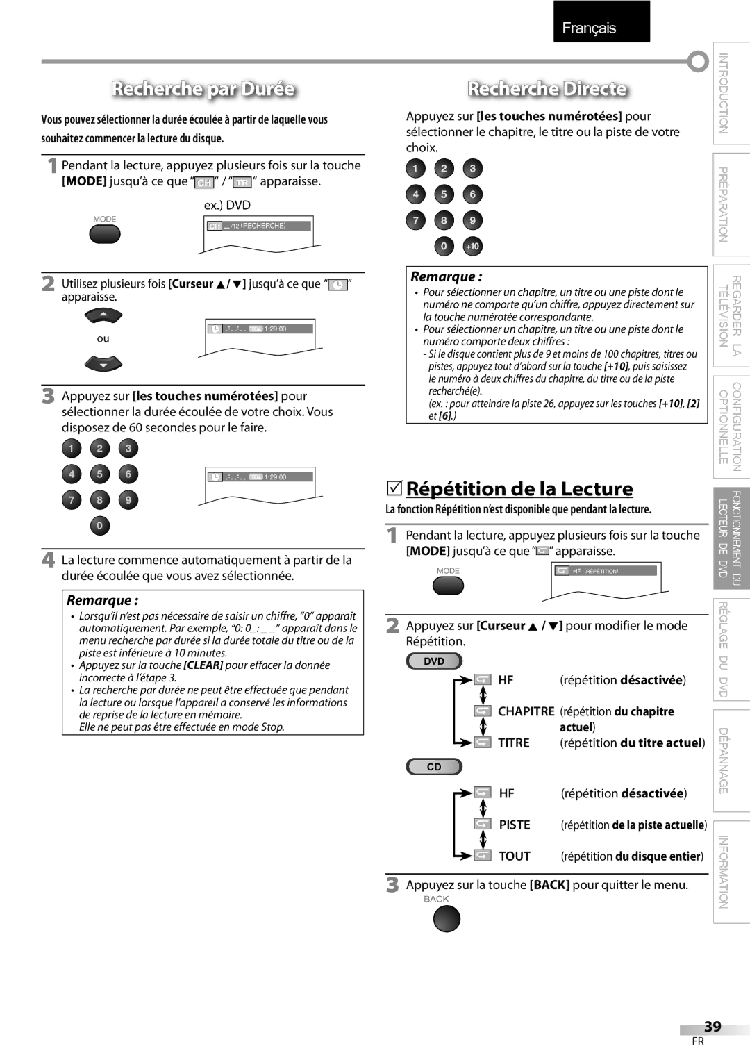 Sylvania LD195SSX owner manual Recherche par Durée, Recherche Directe, 5Répétition de la Lecture, Titre 