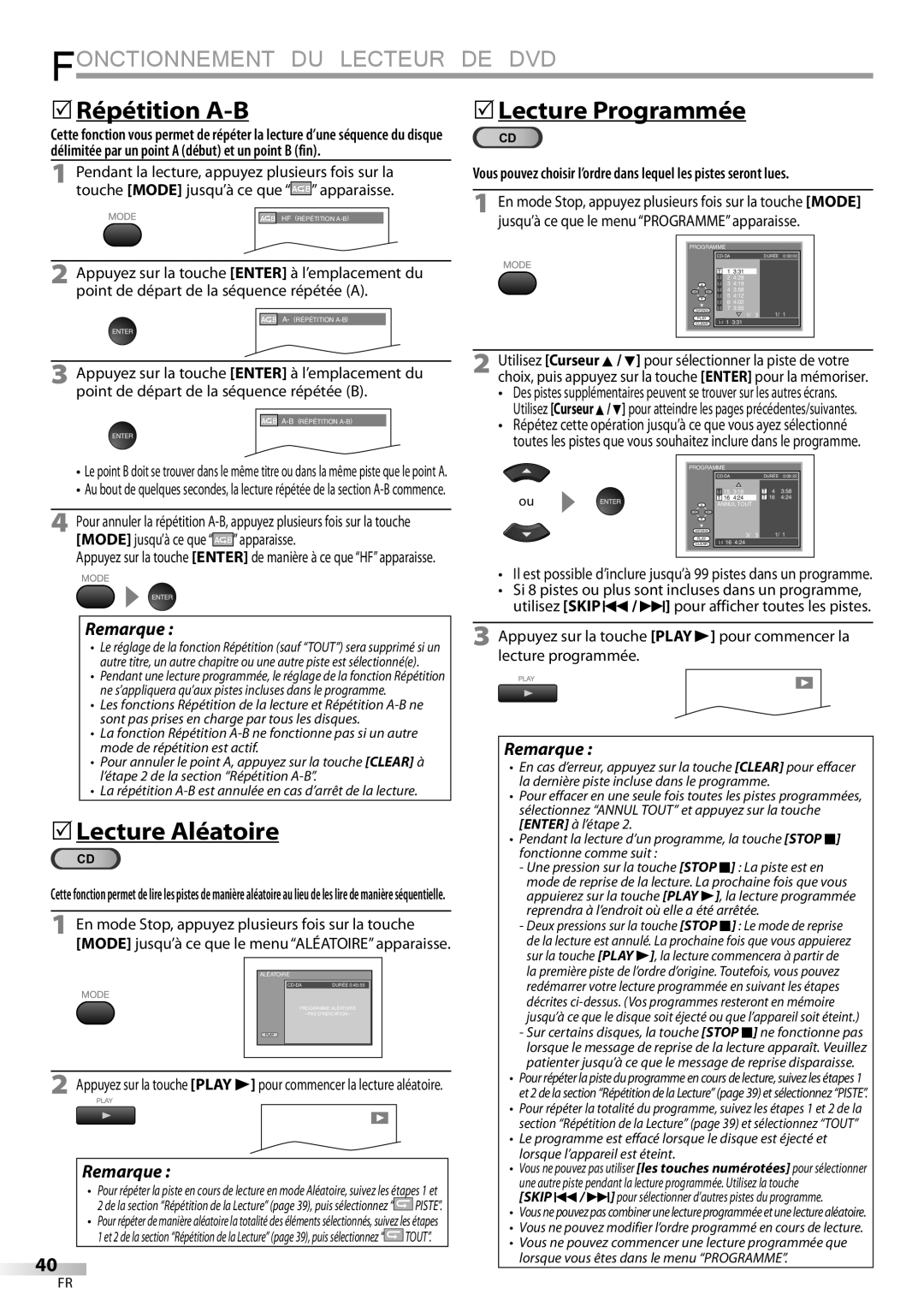 Sylvania LD195SSX owner manual 5Répétition A-B, 5Lecture Programmée, 5Lecture Aléatoire 