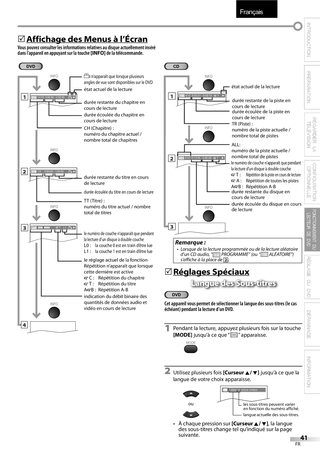 Sylvania LD195SSX owner manual 5Affichage des Menus à l’Écran, 5Réglages Spéciaux, Langue des Sous-titres, Suivante.41 