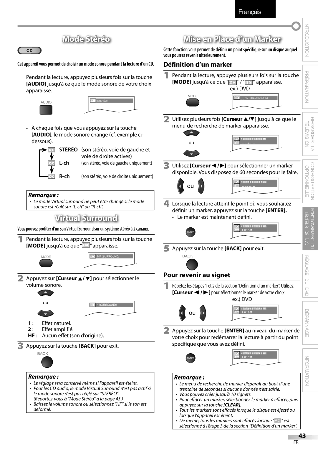 Sylvania LD195SSX Mode Stéréo, Mise en Place d’un Marker, Appuyez sur Curseur K/ L pour sélectionner le volume sonore 