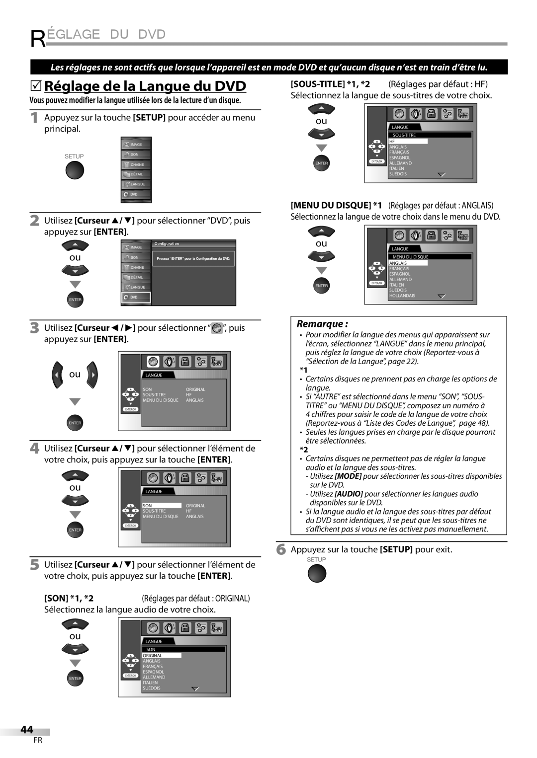 Sylvania LD195SSX Réglage DU DVD, 5Réglage de la Langue du DVD, Appuyez sur la touche Setup pour accéder au menu principal 