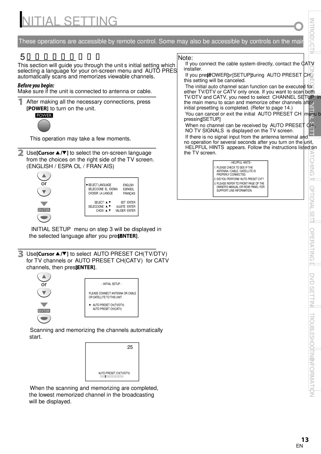 Sylvania LD200SL8 owner manual Initial Setting, 5Initial Setup, Make sure if the unit is connected to antenna or cable 