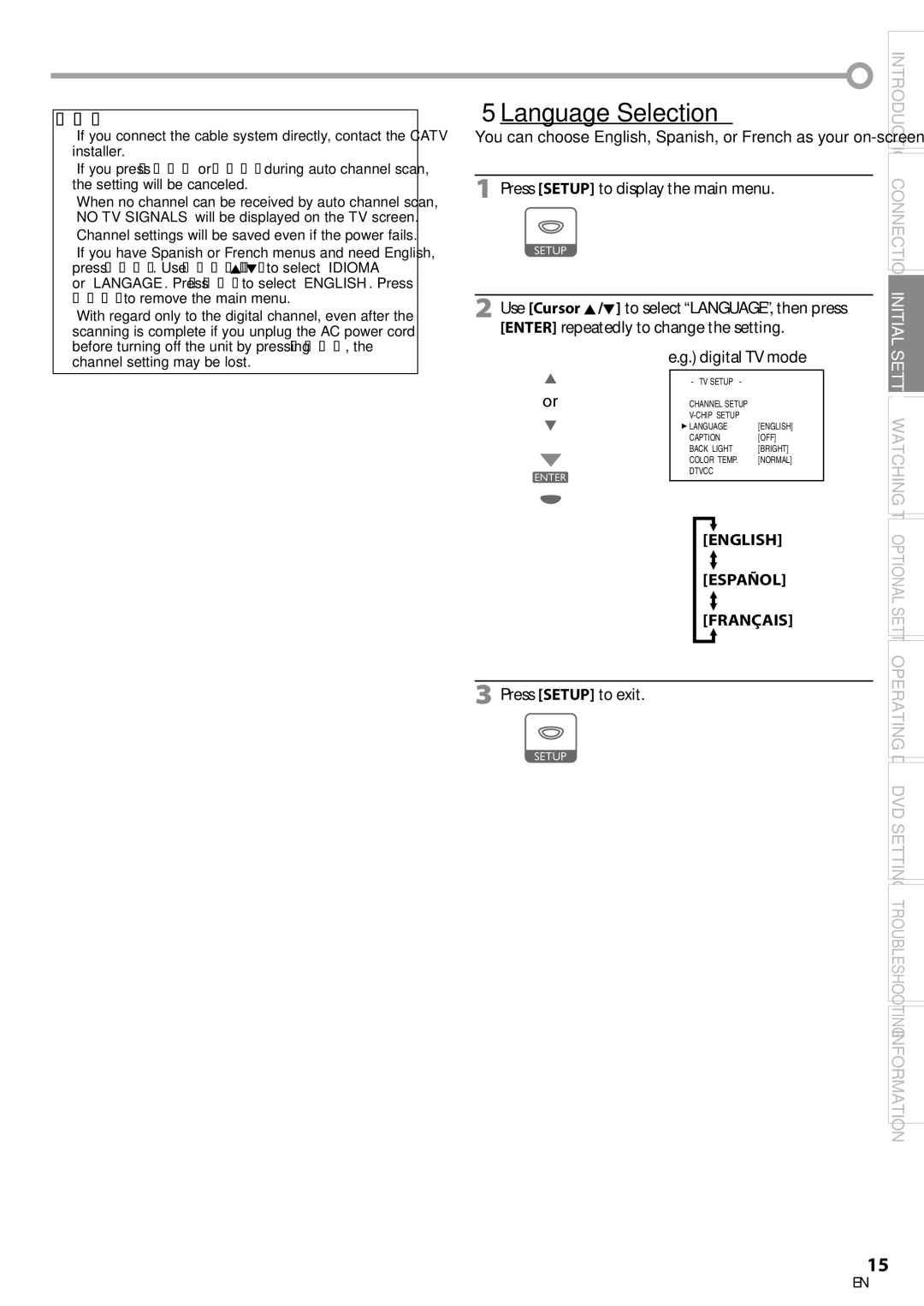 Sylvania LD200SL8 owner manual 5Language Selection, English Español Français, Press Setup to exit 