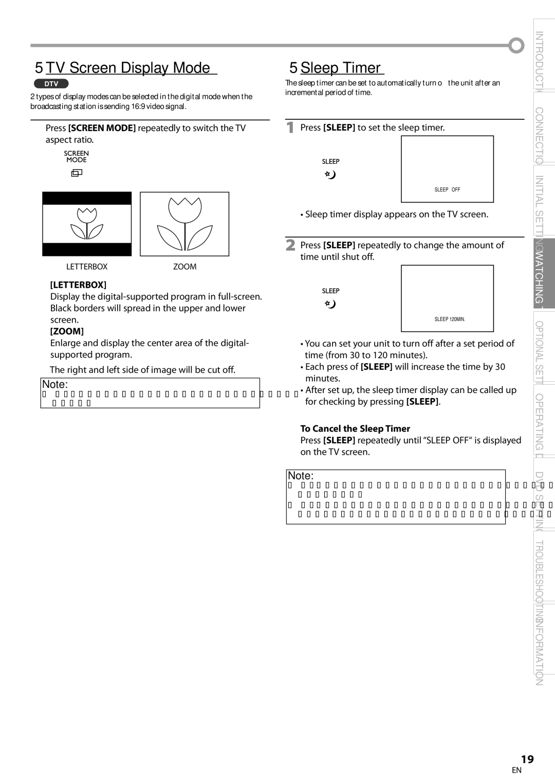 Sylvania LD200SL8 owner manual 5TV Screen Display Mode, 5Sleep Timer, Letterbox, Zoom, To Cancel the Sleep Timer 