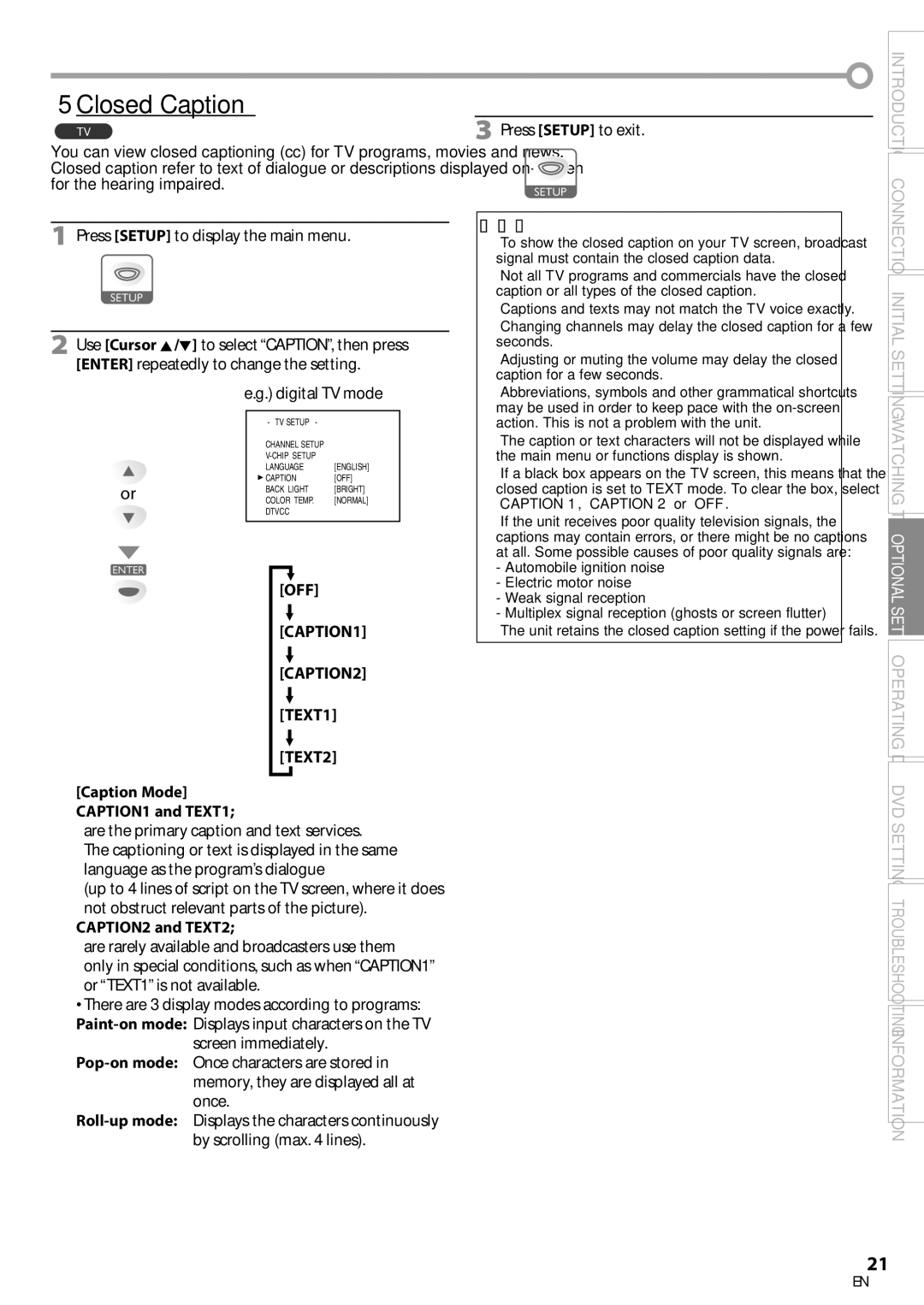 Sylvania LD200SL8 owner manual 5Closed Caption, Press Setup to display the main menu, OFF CAPTION1 CAPTION2 TEXT1 TEXT2 