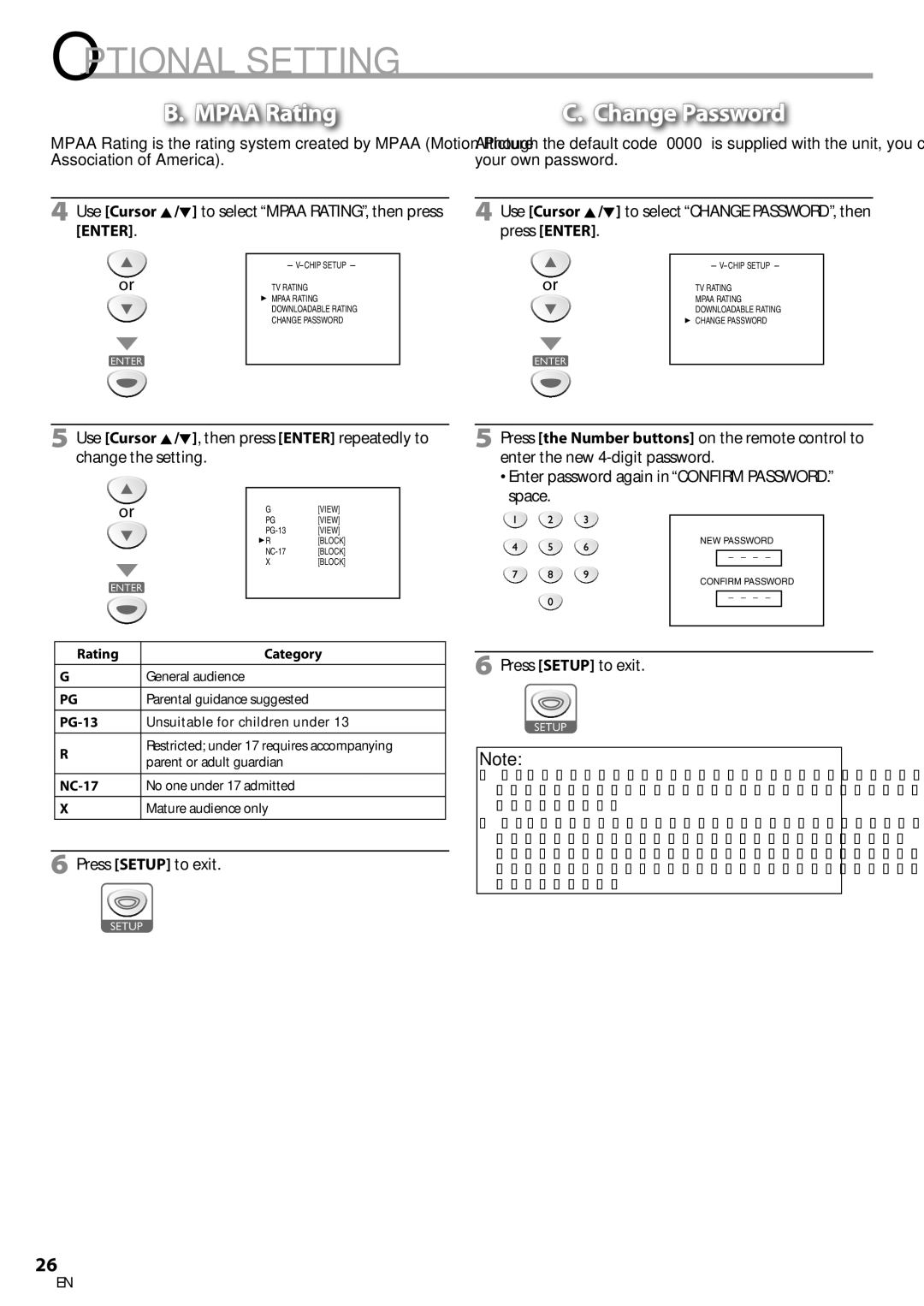 Sylvania LD200SL8 owner manual Mpaa Rating, Change Password, Use Cursor K/L to select Mpaa RATING, then press Enter 