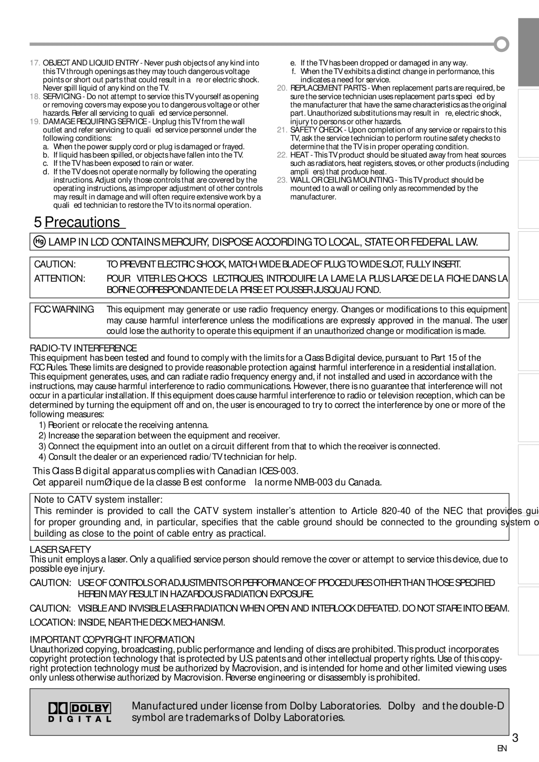 Sylvania LD200SL8 owner manual Precautions, RADIO-TV Interference, Laser Safety, Important Copyright Information 