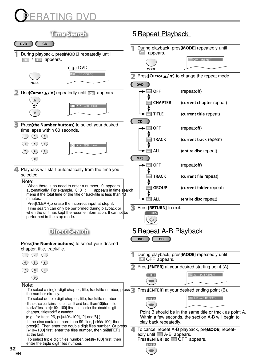 Sylvania LD200SL8 owner manual Time Search, 5Repeat Playback, Direct Search, 5Repeat A-B Playback 