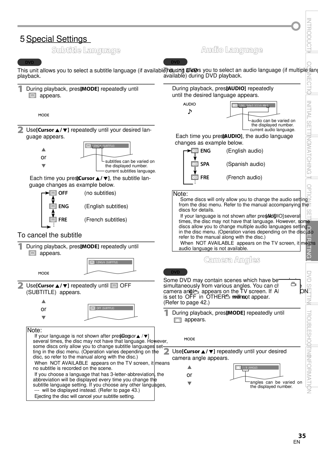 Sylvania LD200SL8 owner manual 5Special Settings, Subtitle Language, Audio Language, Camera Angles, Refer to 