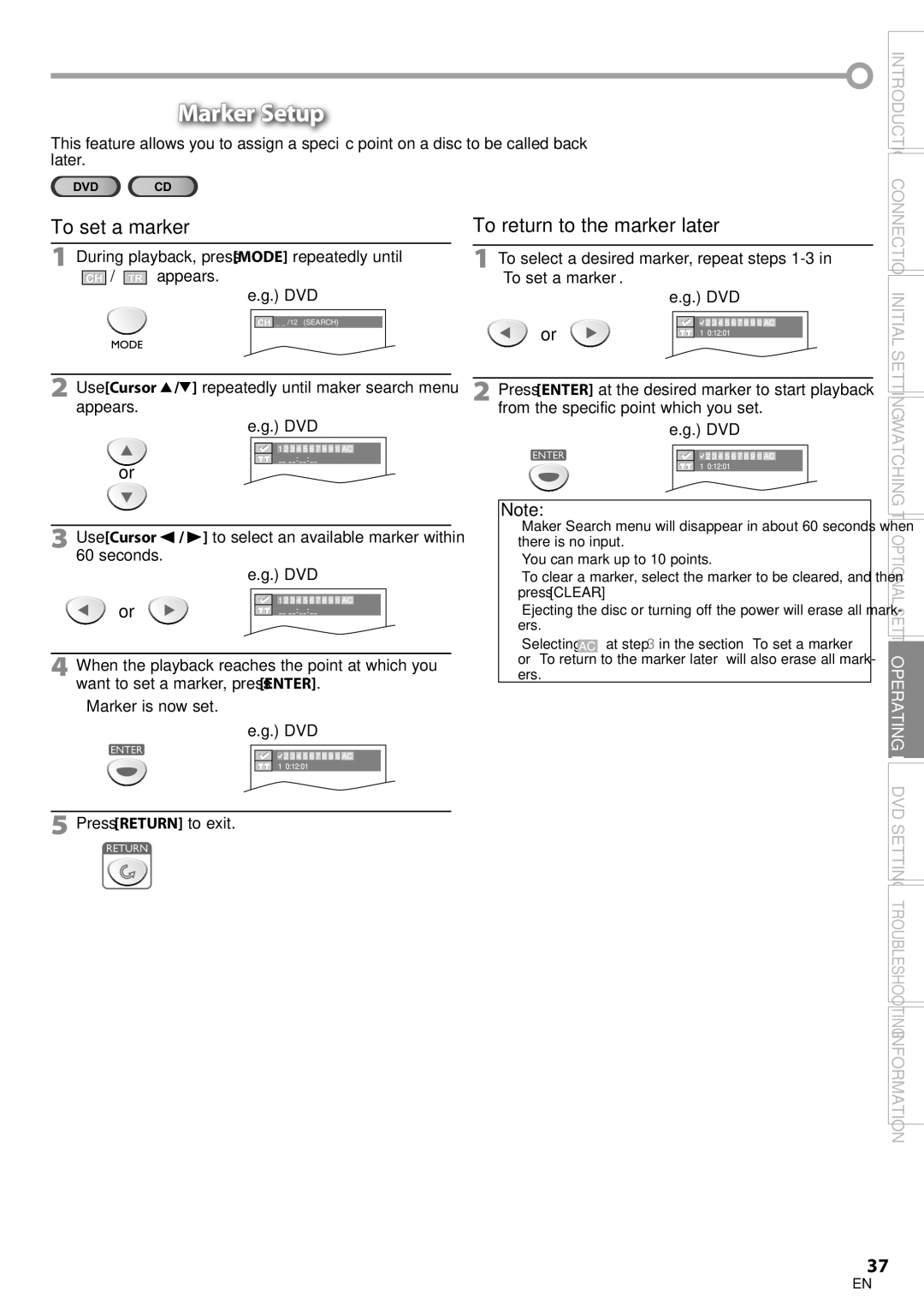 Sylvania LD200SL8 owner manual Marker Setup, To set a marker 