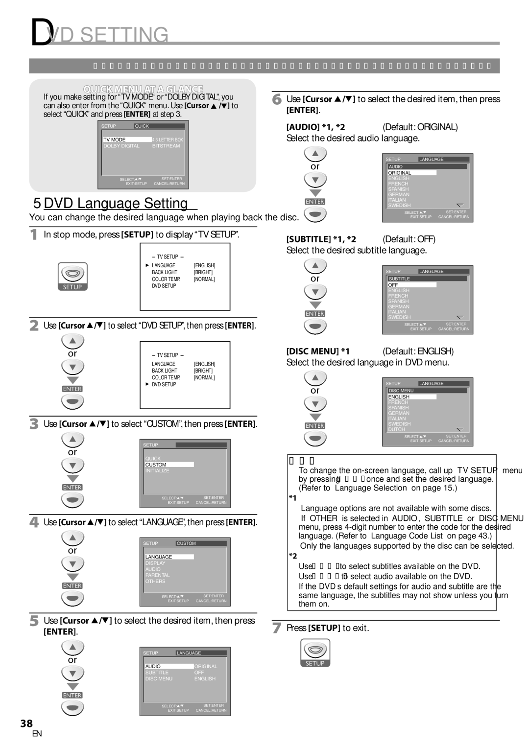 Sylvania LD200SL8 owner manual DVD Setting, 5DVD Language Setting, Enter, Audio *1, *2, Subtitle *1, *2 Default OFF 