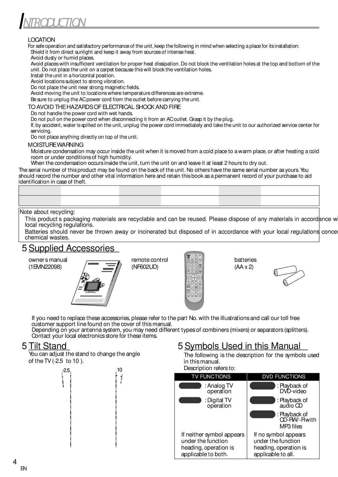 Sylvania LD200SL8 owner manual 5Supplied Accessories, 5Tilt Stand, 5Symbols Used in this Manual 