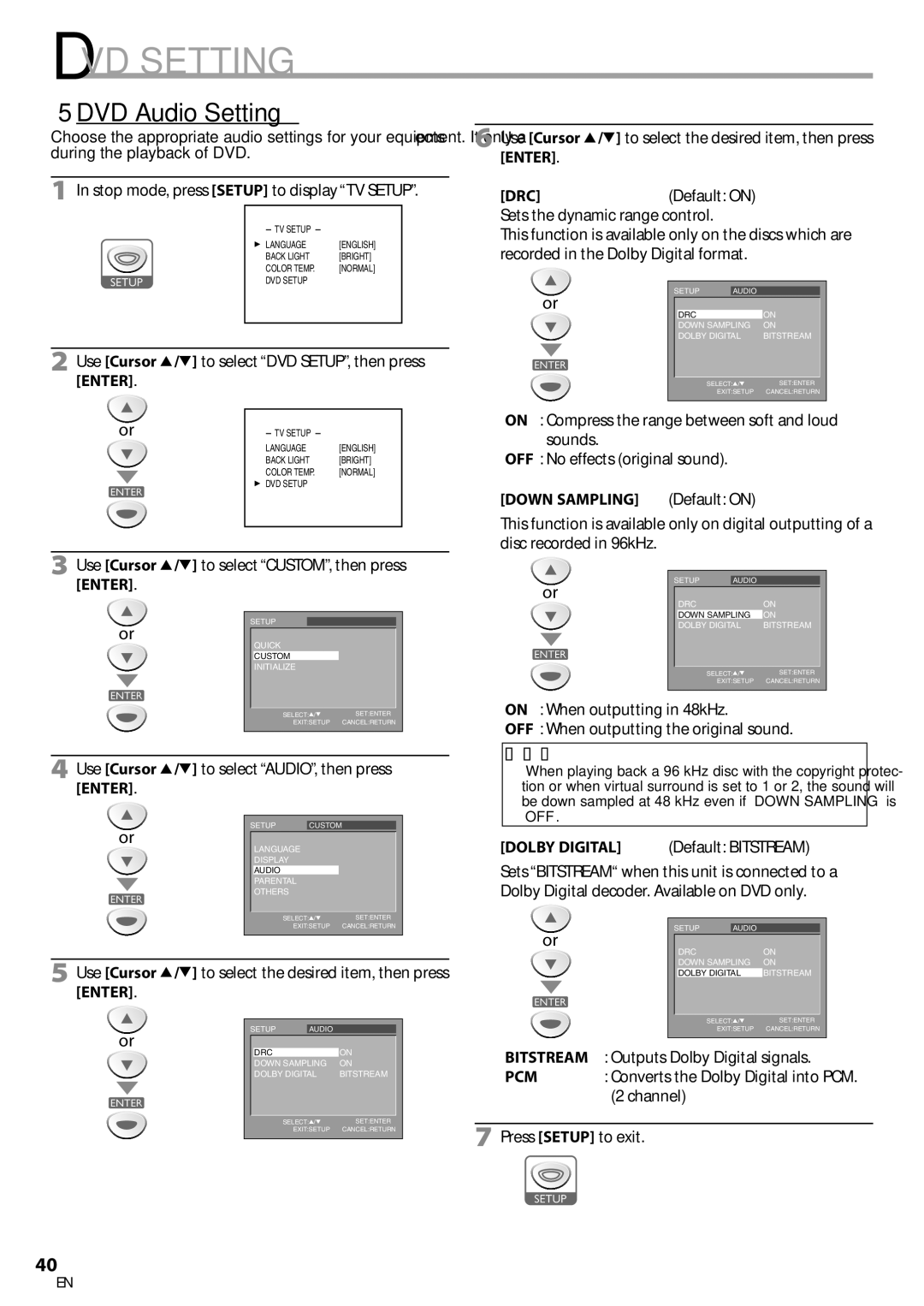 Sylvania LD200SL8 5DVD Audio Setting, Down Sampling Default on, Use Cursor K/L to select AUDIO, then press Enter 