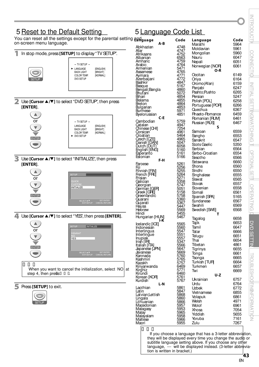 Sylvania LD200SL8 5Reset to the Default Setting, 5Language Code List, Use Cursor K/L to select YES, then press Enter 