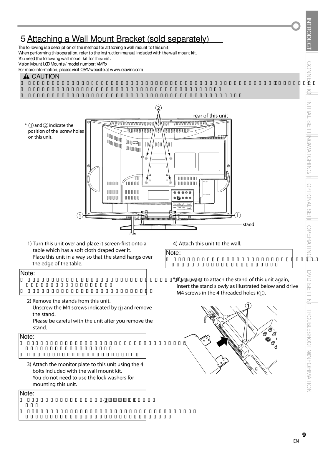 Sylvania LD200SL8 owner manual 5Attaching a Wall Mount Bracket sold separately, Attach this unit to the wall 