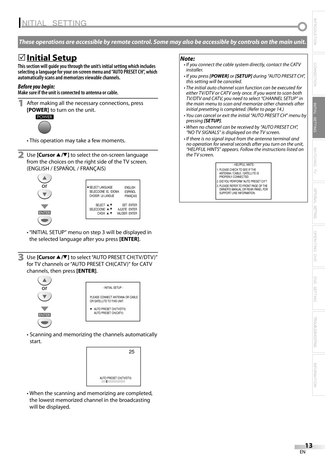 Sylvania LD200SL8 owner manual Initial Setting, 5Initial Setup, Make sure if the unit is connected to antenna or cable 