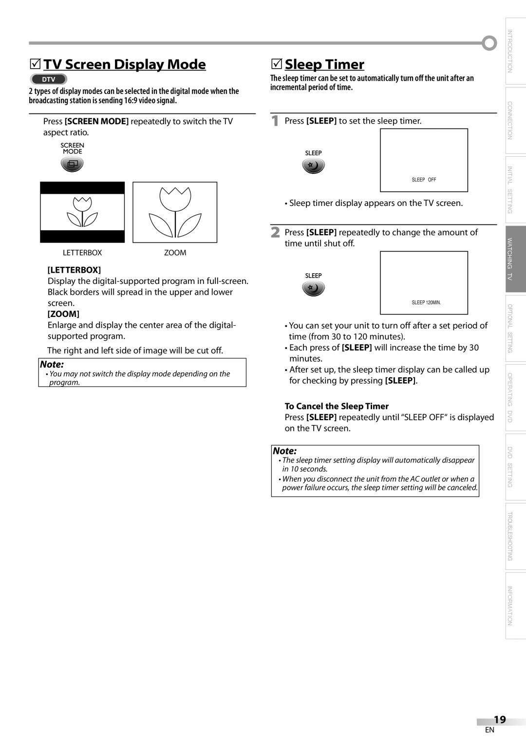 Sylvania LD200SL8 owner manual 5TV Screen Display Mode, 5Sleep Timer, Letterbox, Zoom, To Cancel the Sleep Timer 