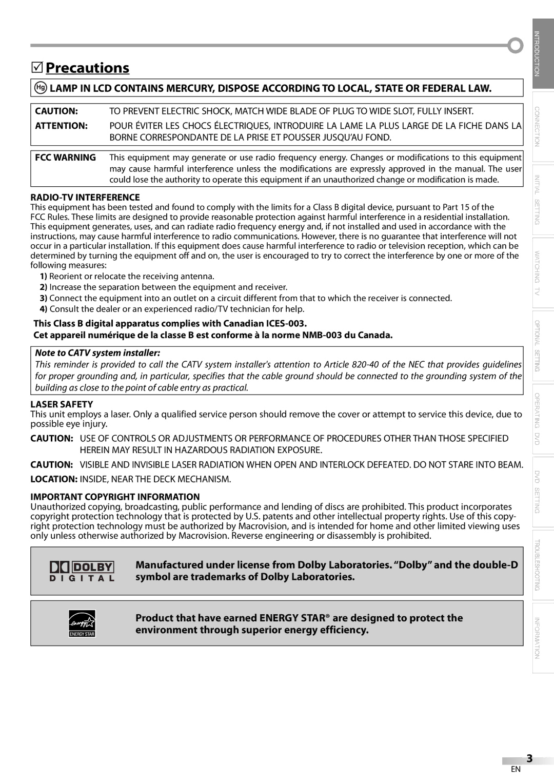 Sylvania LD200SL8 owner manual Precautions, RADIO-TV Interference, Laser Safety, Important Copyright Information 