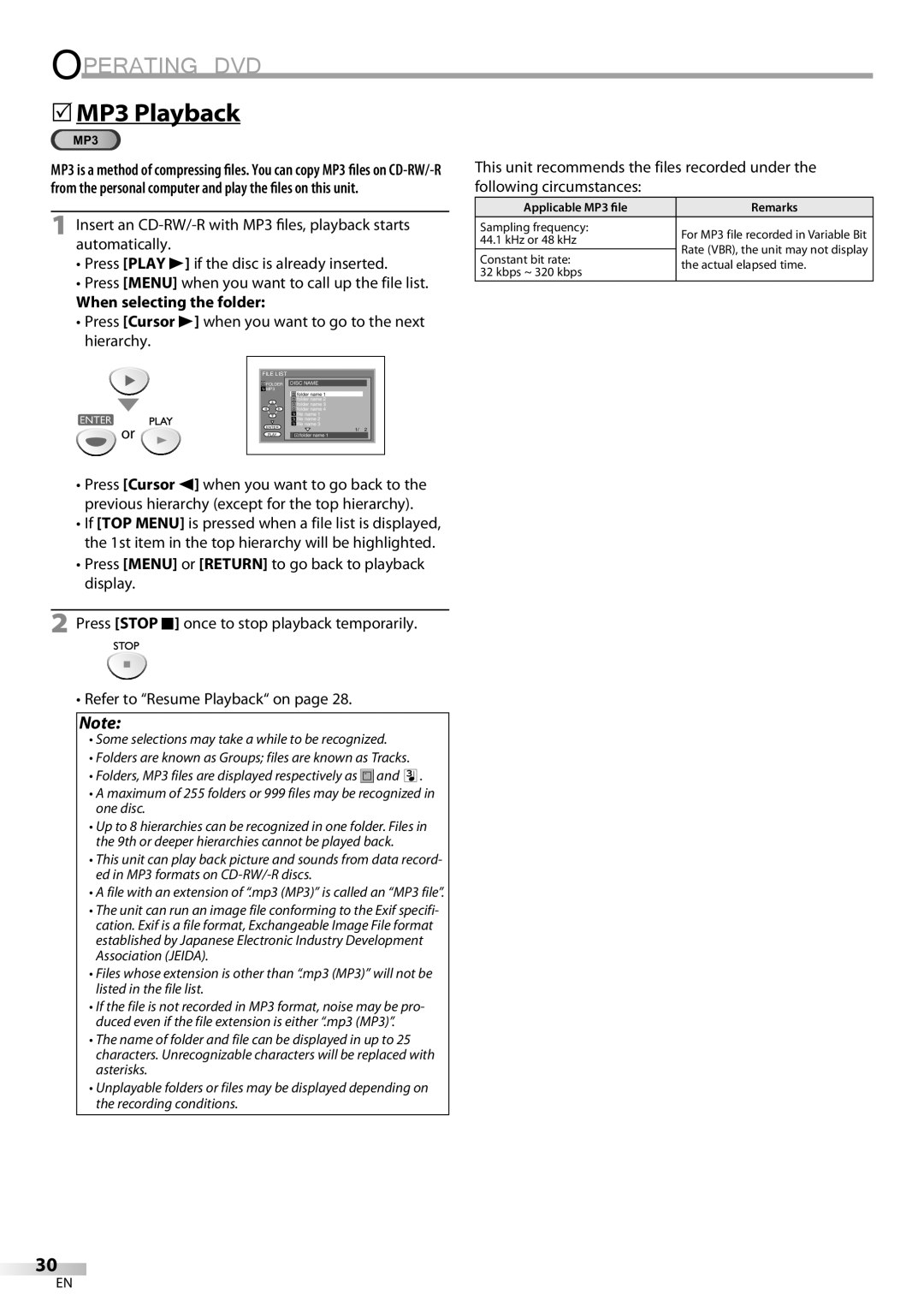 Sylvania LD200SL8 owner manual 5MP3 Playback, When selecting the folder 