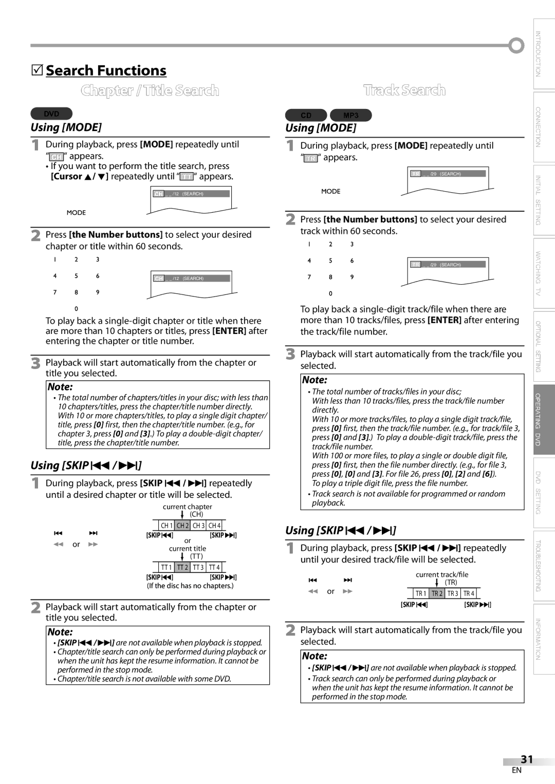 Sylvania LD200SL8 owner manual 5Search Functions, Chapter / Title Search, Track Search 