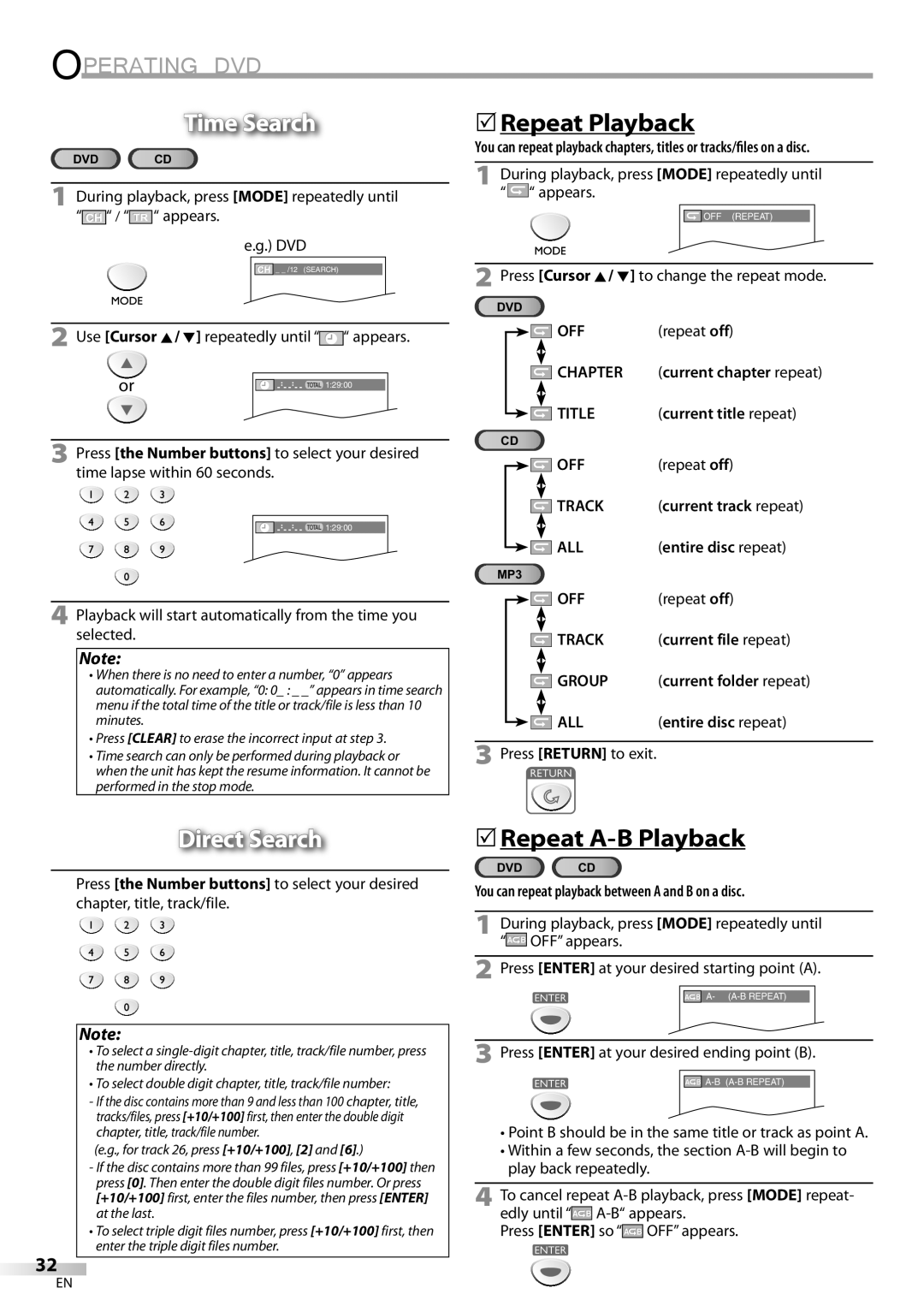 Sylvania LD200SL8 owner manual Time Search, 5Repeat Playback, Direct Search, 5Repeat A-B Playback 