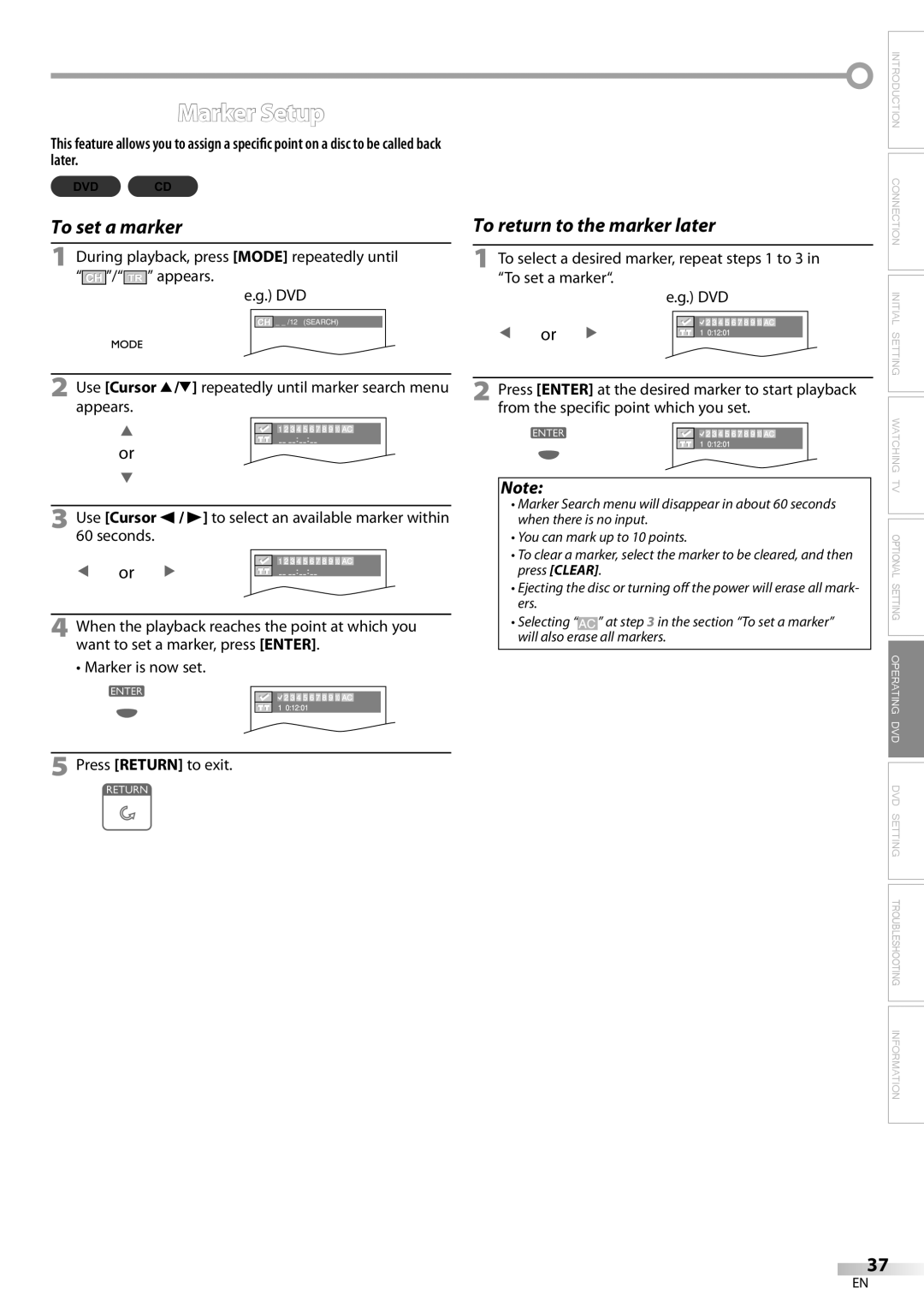 Sylvania LD200SL8 owner manual Marker Setup, When there is no input You can mark up to 10 points, Press Clear, Ers 