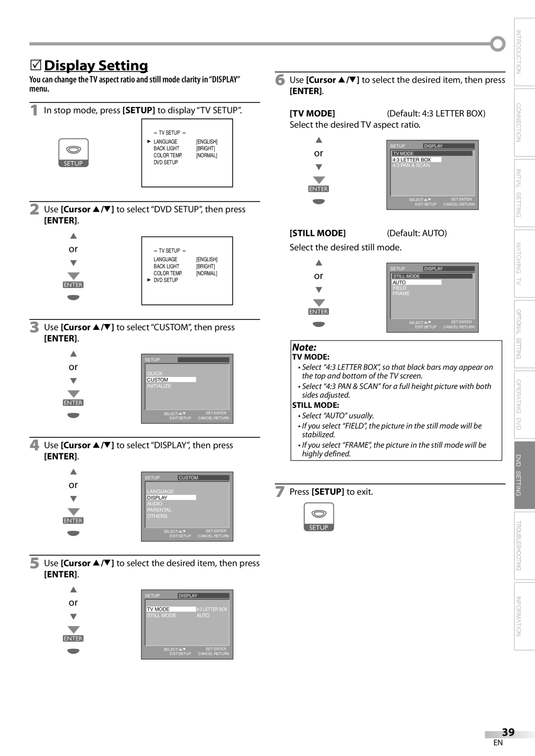 Sylvania LD200SL8 owner manual 5Display Setting, Use Cursor K/L to select DVD SETUP, then press Enter 