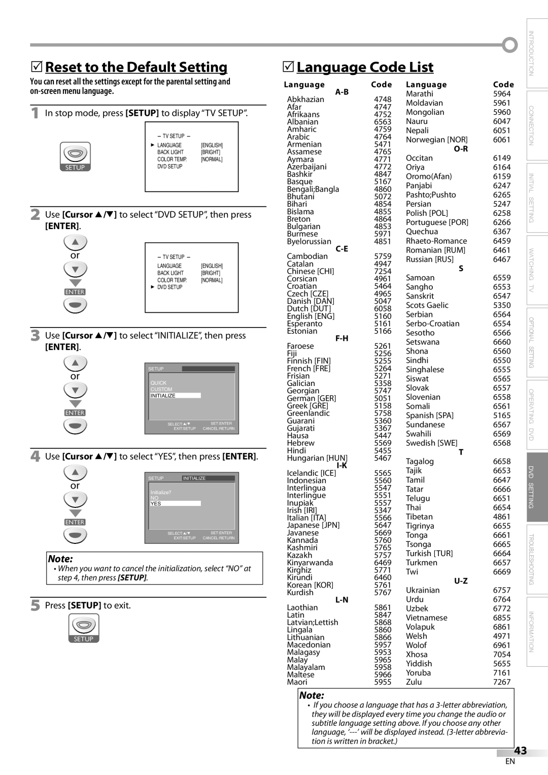 Sylvania LD200SL8 5Reset to the Default Setting, 5Language Code List, Use Cursor K/L to select YES, then press Enter 