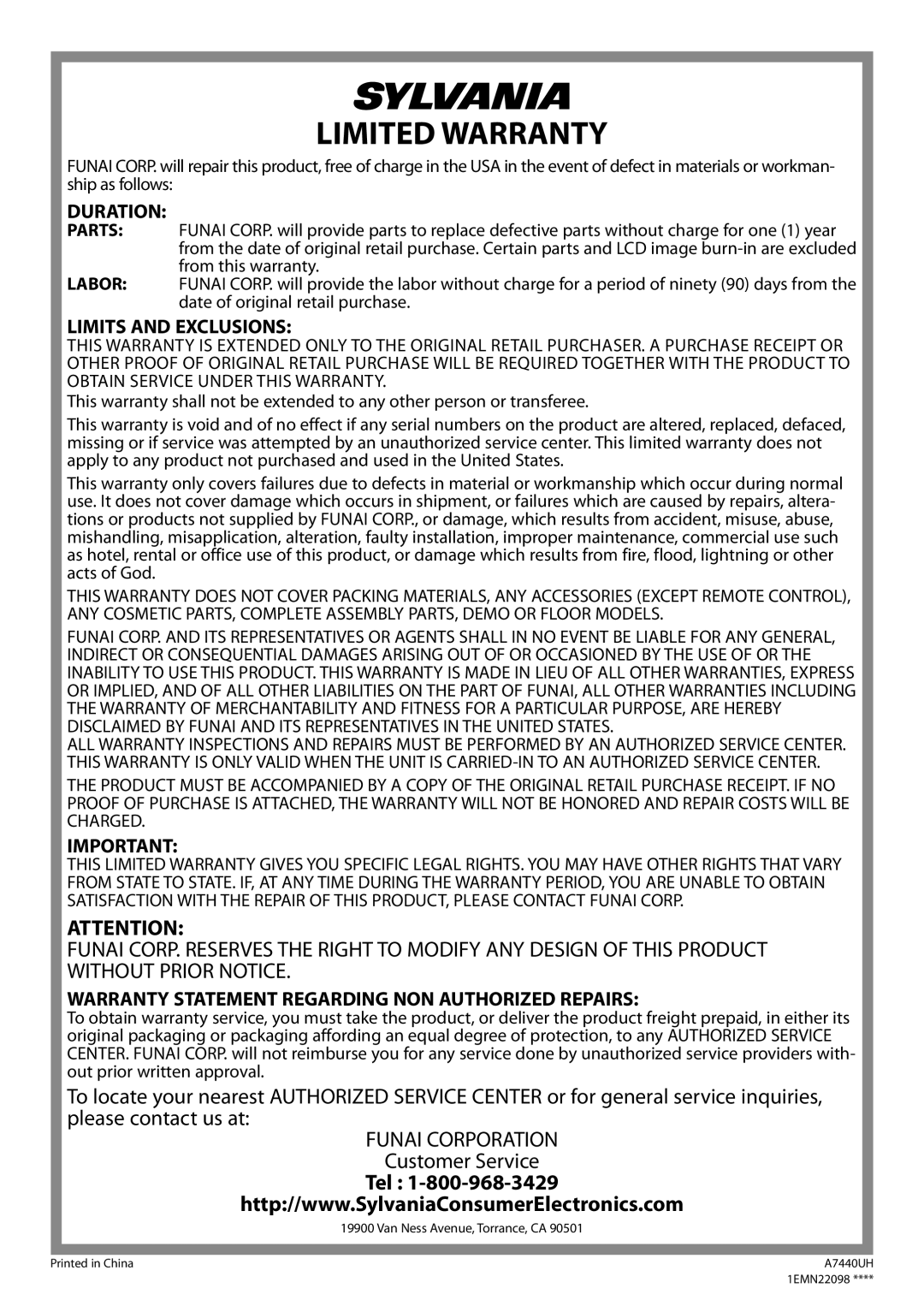 Sylvania LD200SL8 owner manual Limited Warranty 