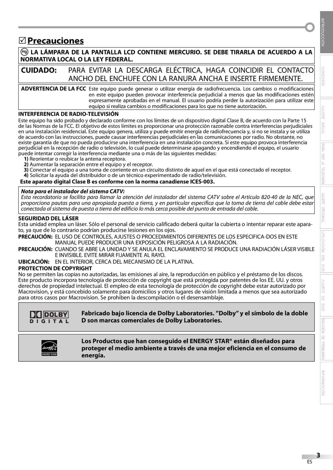 Sylvania LD200SL8 Precauciones, Interferencia DE RADIO-TELEVISIÓN, Seguridad DEL Láser, Protection DE Copyright 