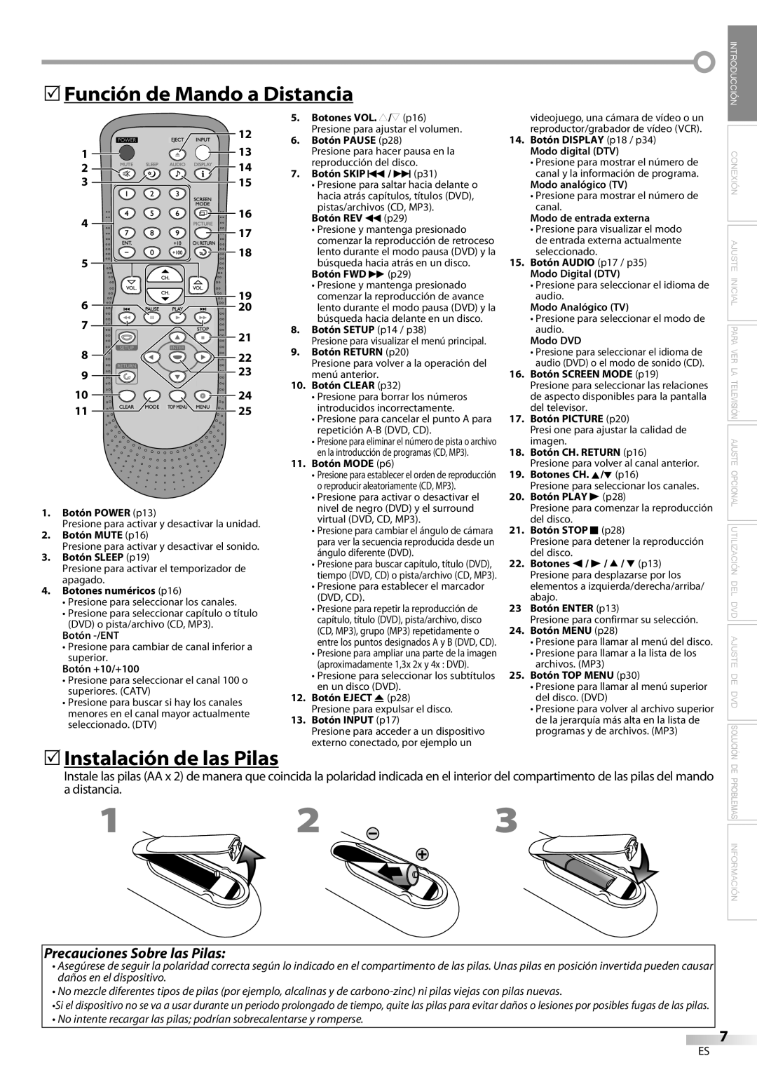 Sylvania LD200SL8 owner manual 5Función de Mando a diDistanciia, 5Instalación de las Pilas 