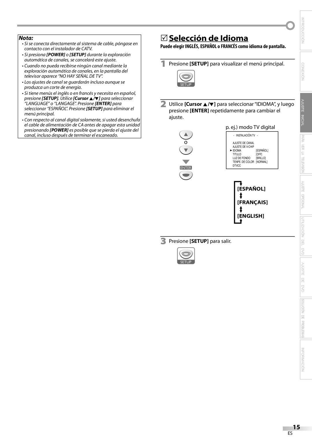 Sylvania LD200SL8 owner manual 5Selección de Idioma, Español Français English, Presione Setup para salir 