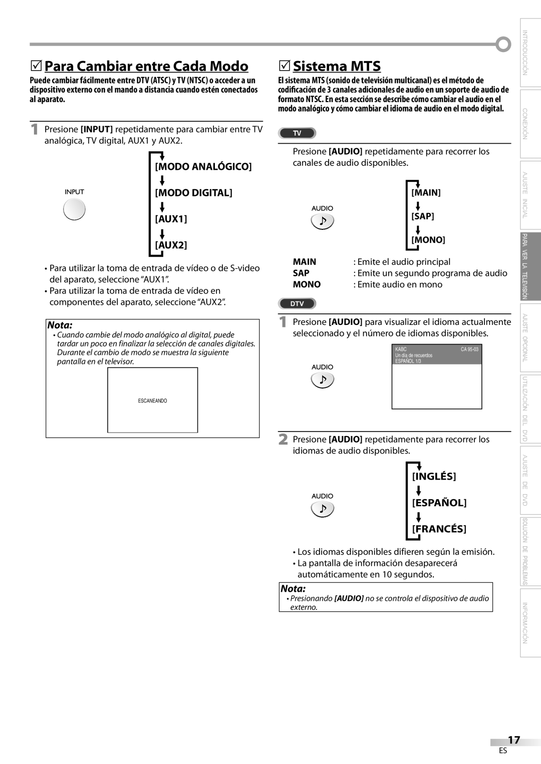 Sylvania LD200SL8 5Para Cambiar entre Cada Modo, 5Sistema MTS, Modo Analógico Modo Digital, Inglés Español Francés 