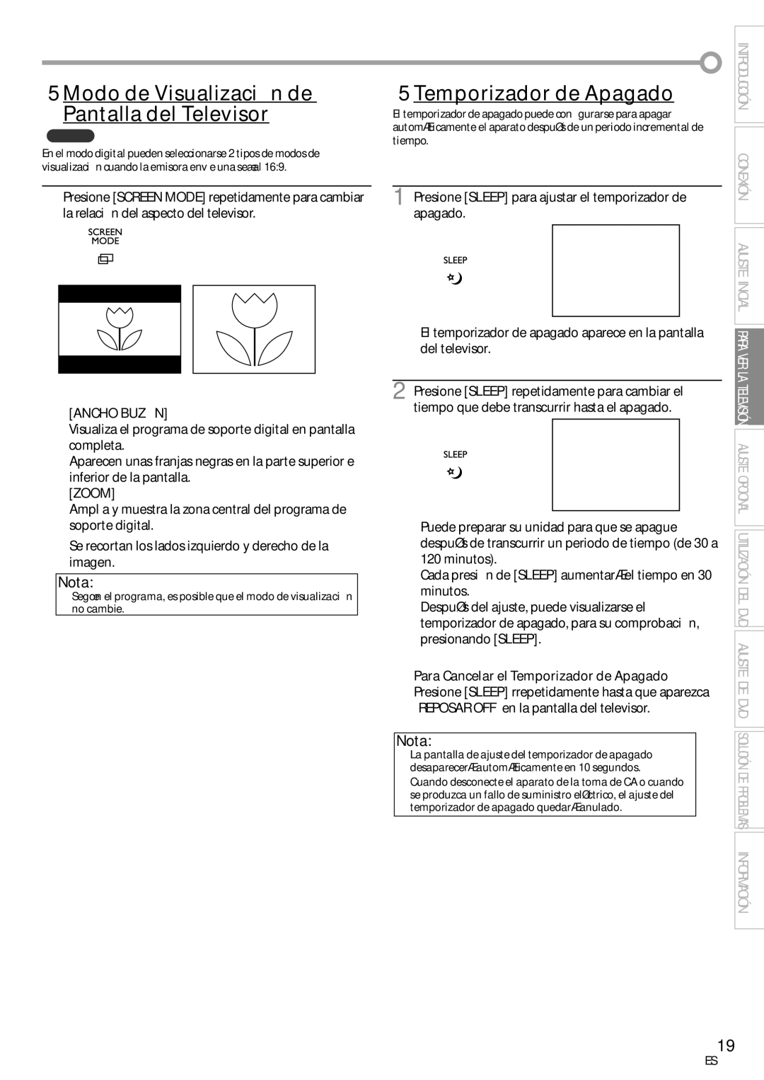 Sylvania LD200SL8 owner manual 5Modo de Visualización de Pantalla del Televisor, 5Temporizador de Apagado, Ancho Buzón 