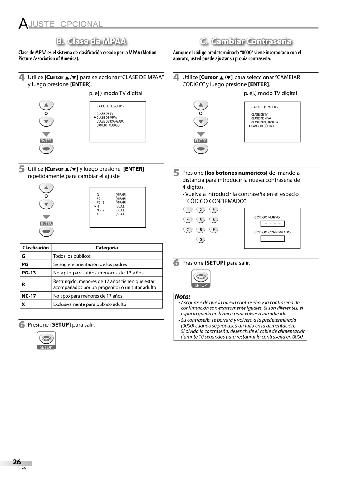 Sylvania LD200SL8 owner manual Clase de Mpaa, Vuelva a introducir la contraseña en el espacio 