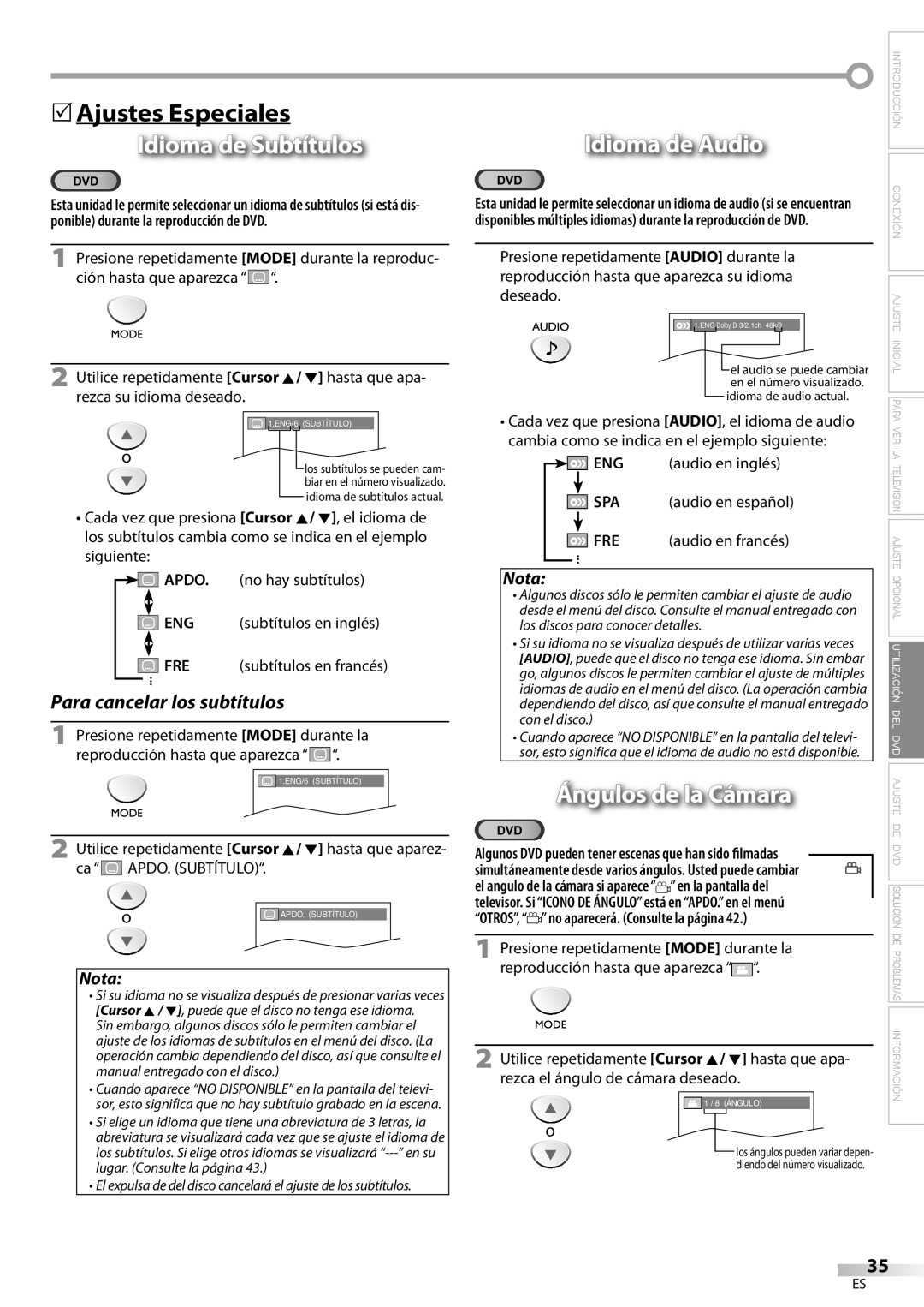 Sylvania LD200SL8 owner manual 5Ajustes Especiales, Idioma de Subtítulos, Idioma de Audio, Ángulos de la Cámara 